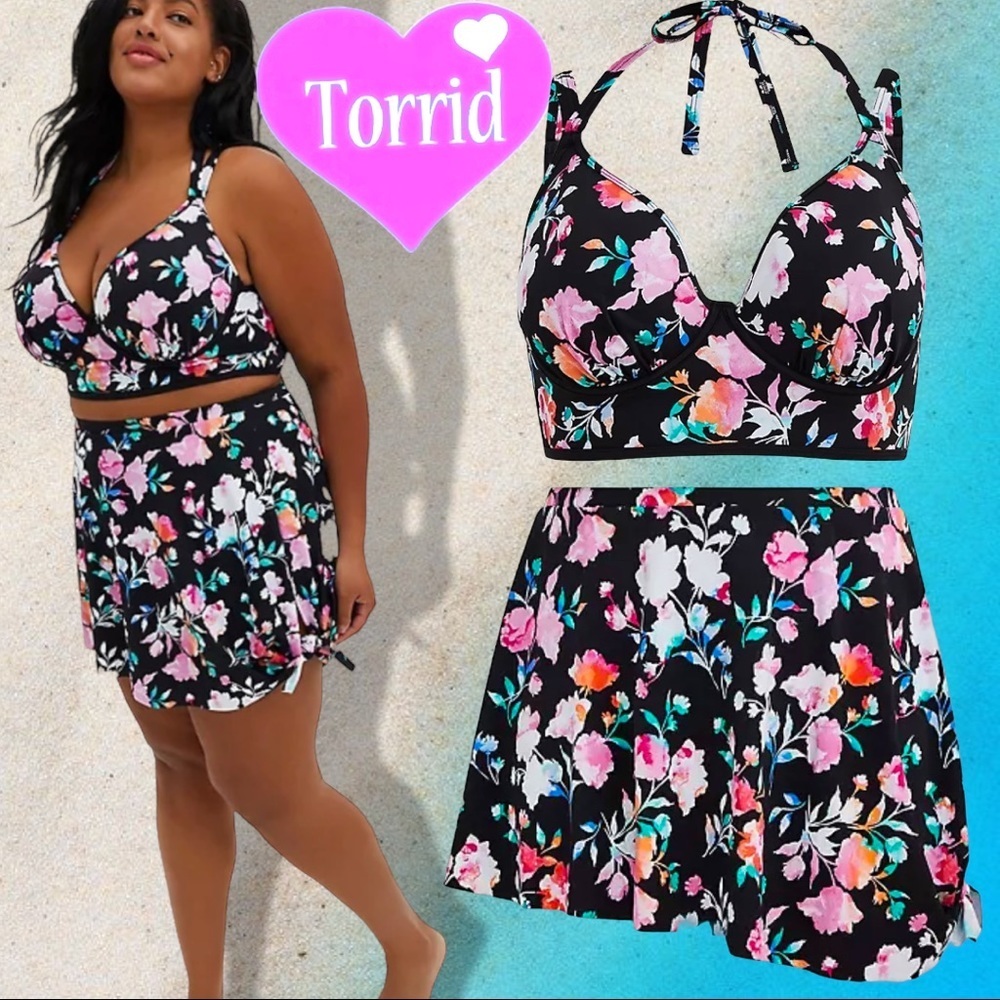 Torrid Floral Plunged Bikini Top & Skirted Bottom